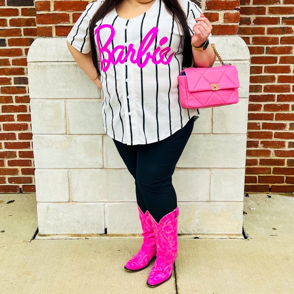 Mattel Barbie Baseball Jersey - White with Black Stripes and Pink Logo